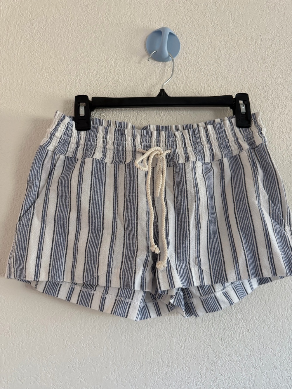 Roxy Blue and White Striped High-Waist Drawstring Shorts